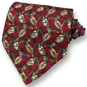 LORENZO SELINI Men’s Burgundy Tropical Bird Motif 100% Silk Animal Print Tie